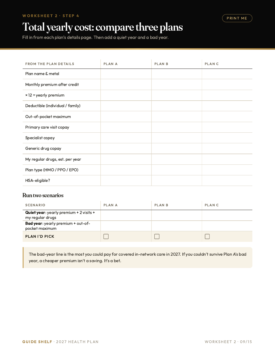 Printable worksheet: total yearly cost of three plans