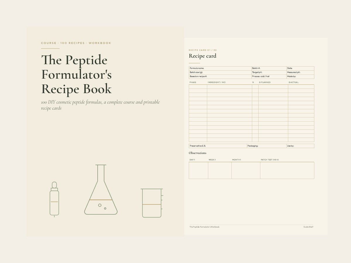 The Peptide Formulator's Recipe Book cover and a printable workbook recipe card