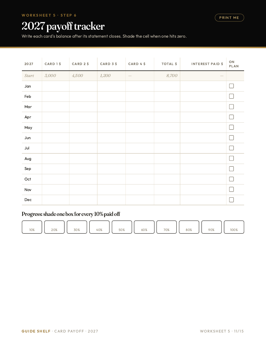 Printable worksheet: 12-month 2027 credit card payoff tracker