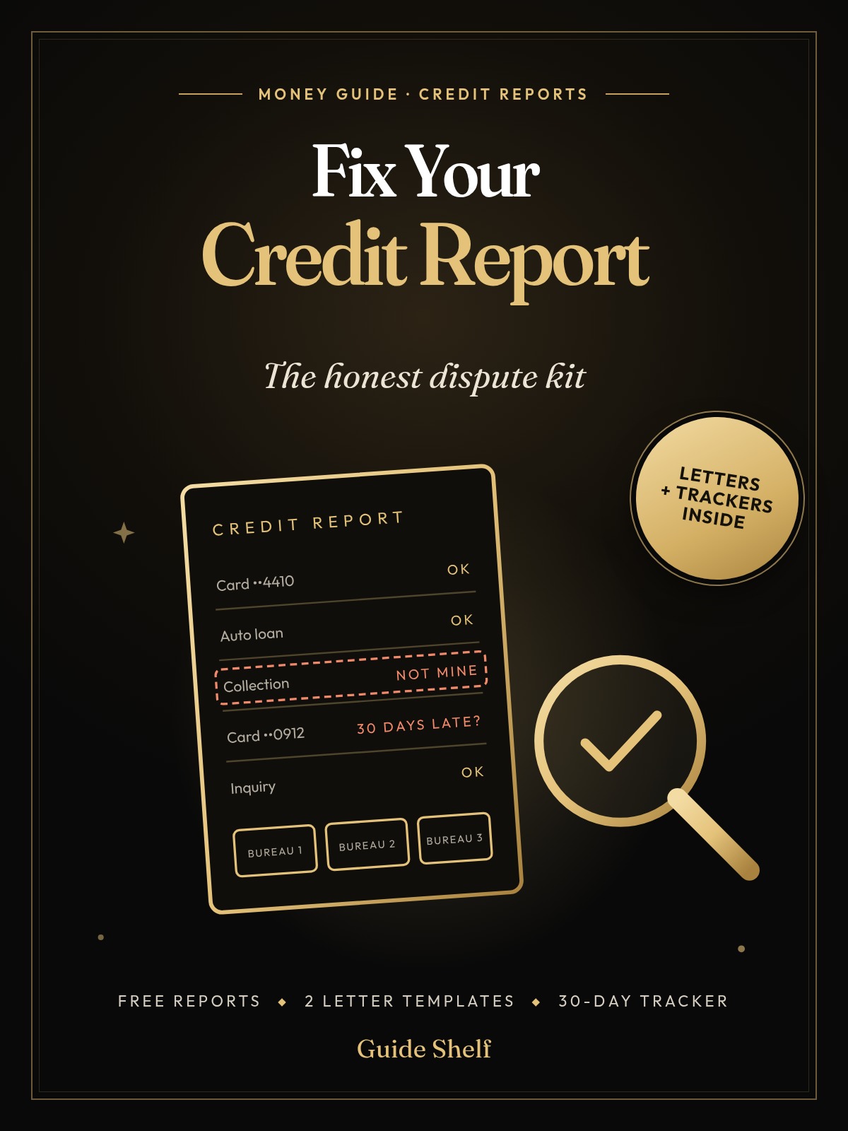 Cover of Fix Your Credit Report: The Honest Dispute Kit, with a letters and trackers badge