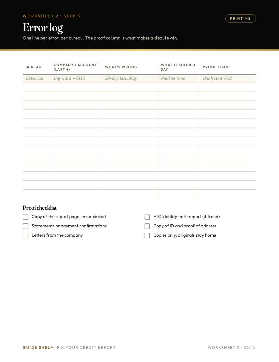 Printable worksheet: credit report error log with proof checklist