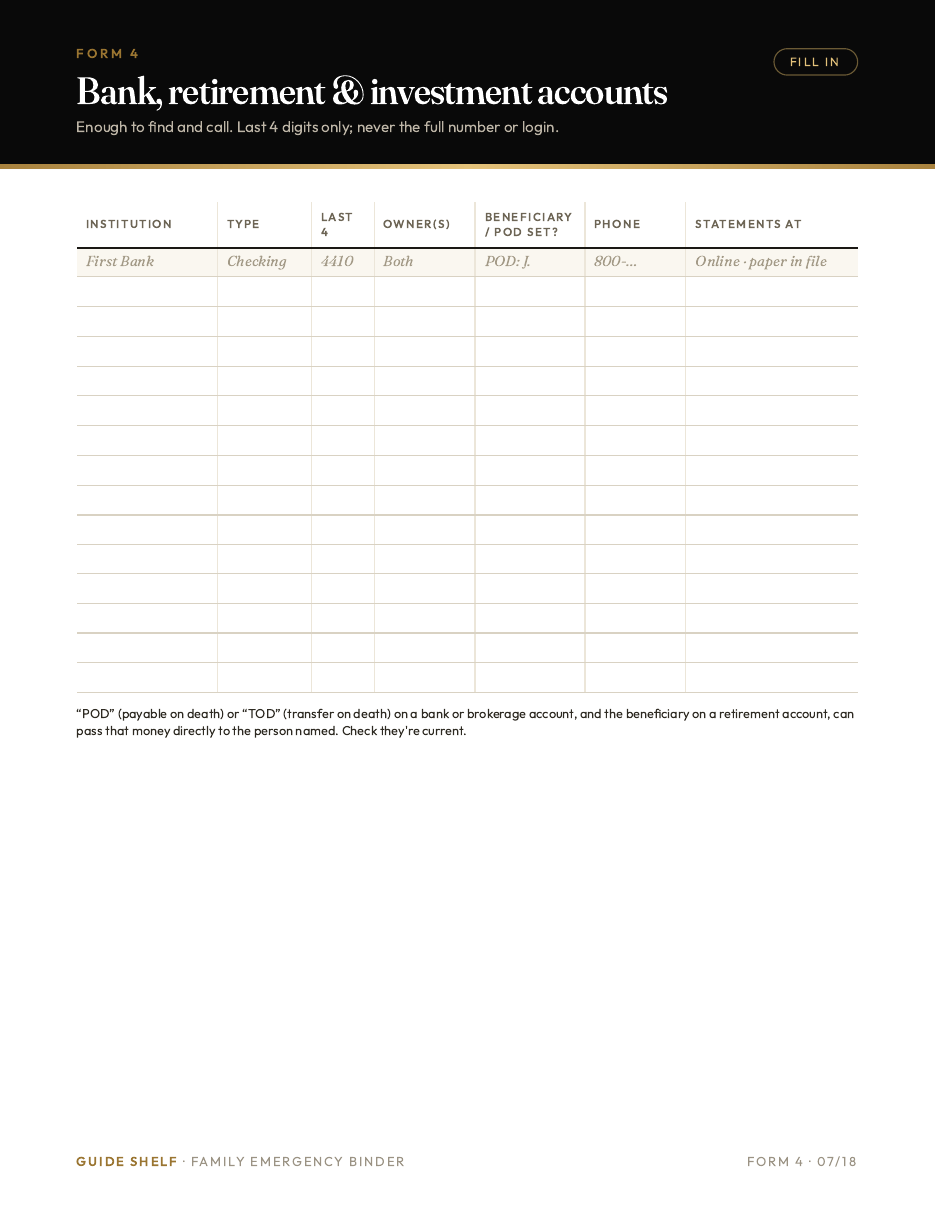 Printable form: bank, retirement and investment accounts