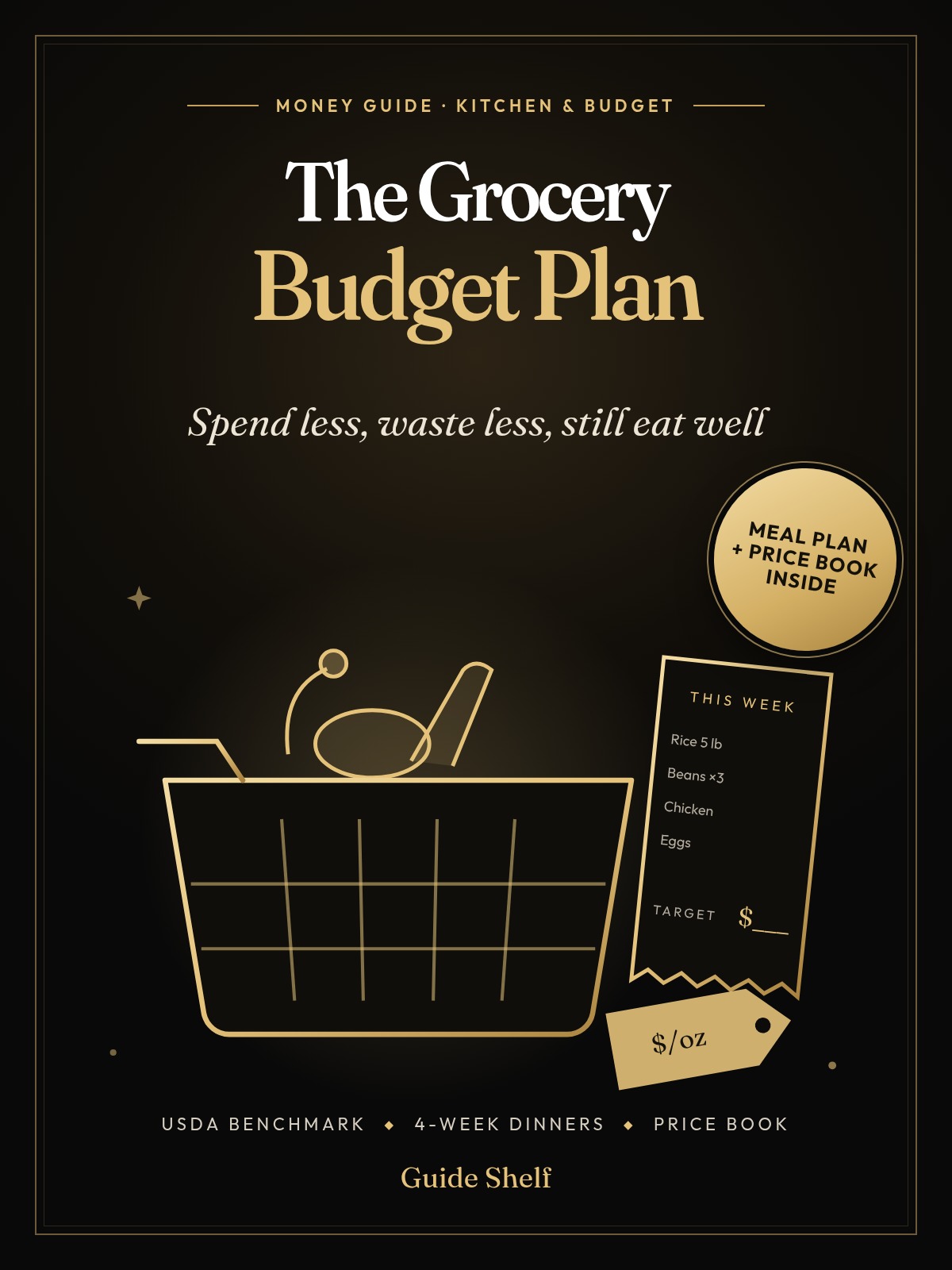 Cover of The Grocery Budget Plan, with a meal plan and price book badge