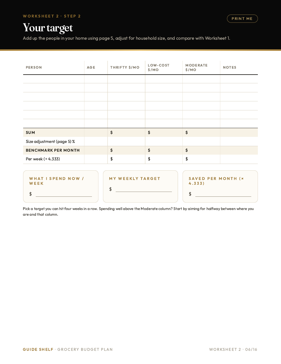 Printable worksheet: your weekly grocery target