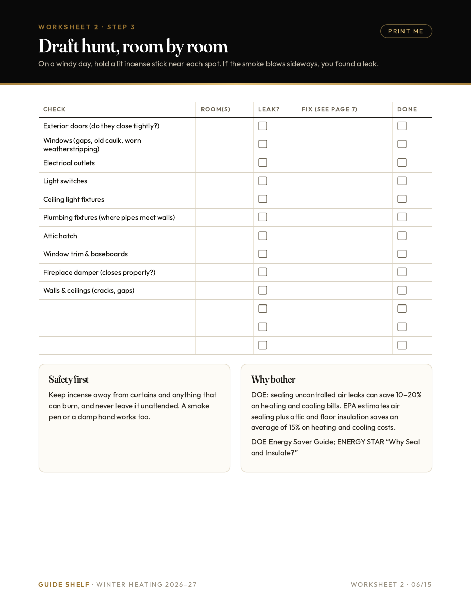 Printable worksheet: room-by-room draft hunt checklist