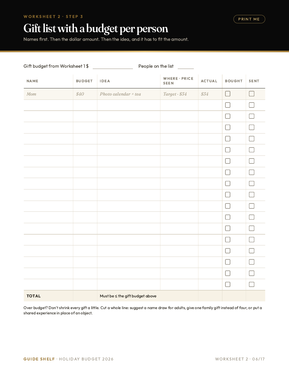 Printable worksheet: gift list with a budget per person