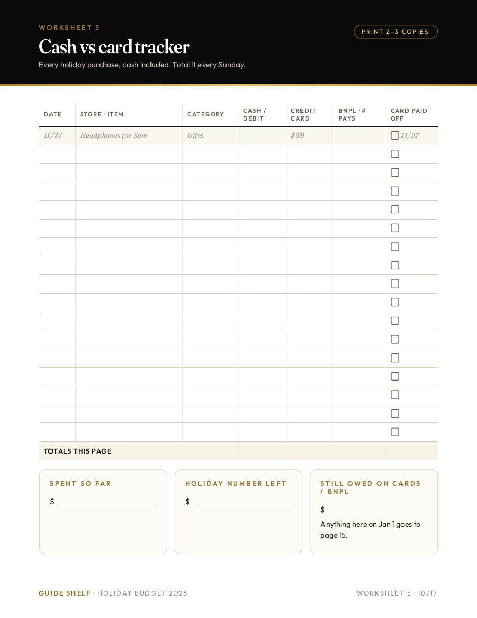 Printable worksheet: cash vs card tracker