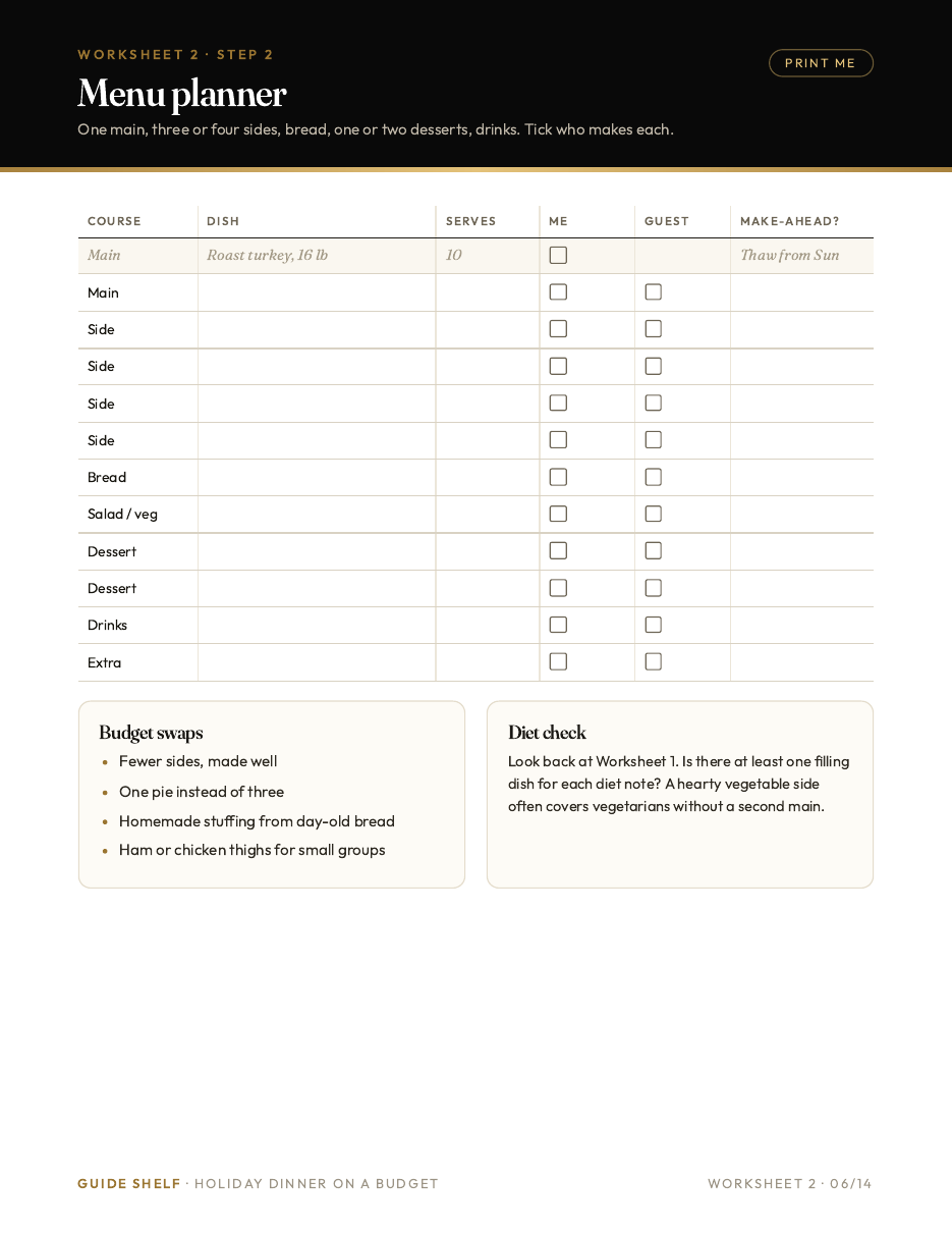 Printable worksheet: holiday menu planner