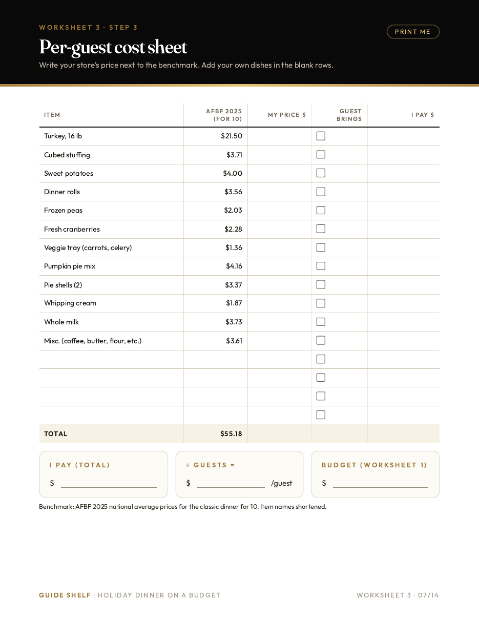 Printable worksheet: per-guest cost sheet with AFBF benchmark prices