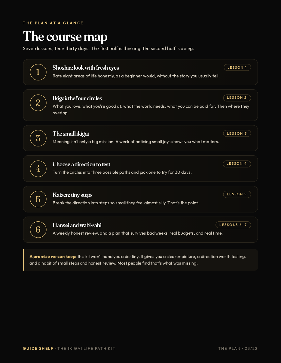 Guide page: the 7-lesson course map from shoshin to hansei