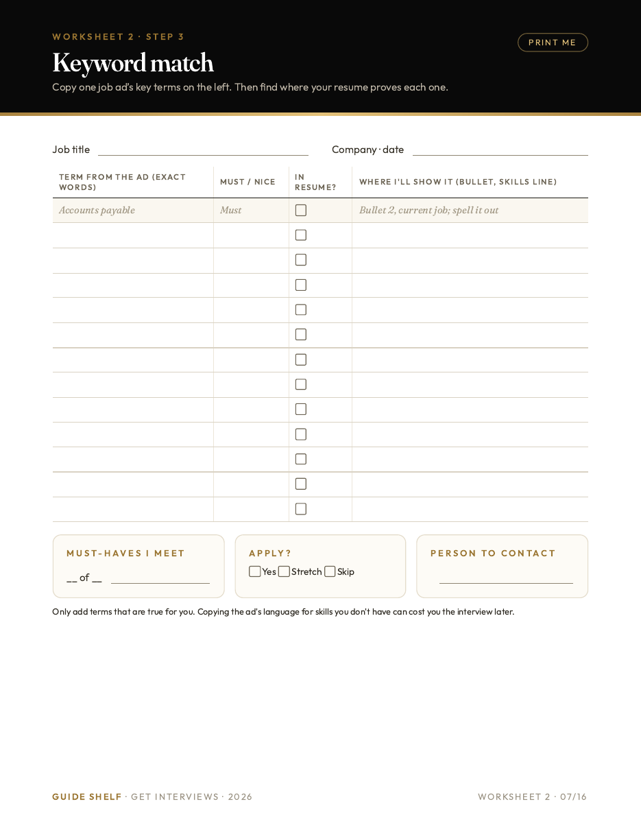 Printable worksheet: keyword match between a job ad and your resume