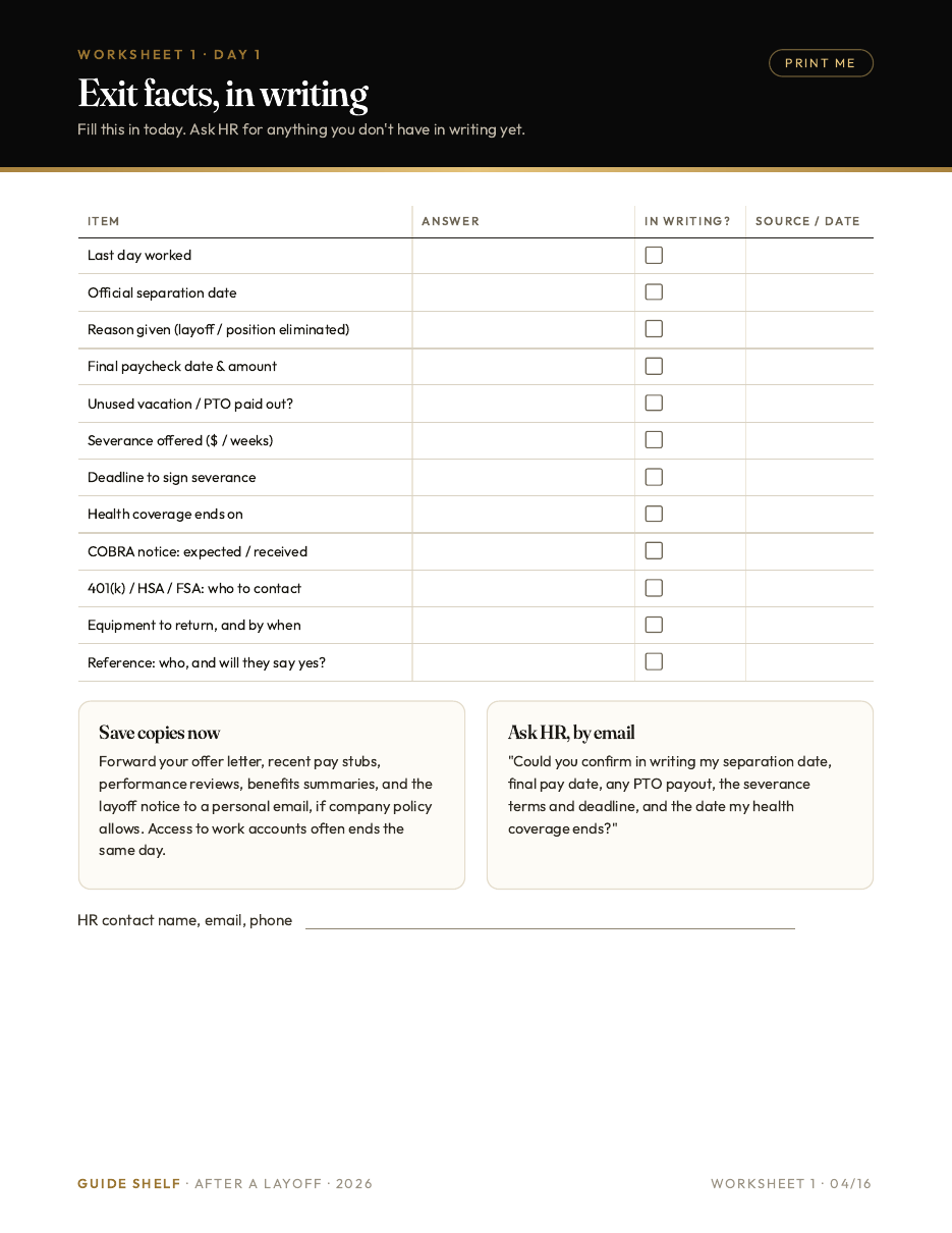 Printable worksheet: exit facts in writing, from last day to health coverage end date