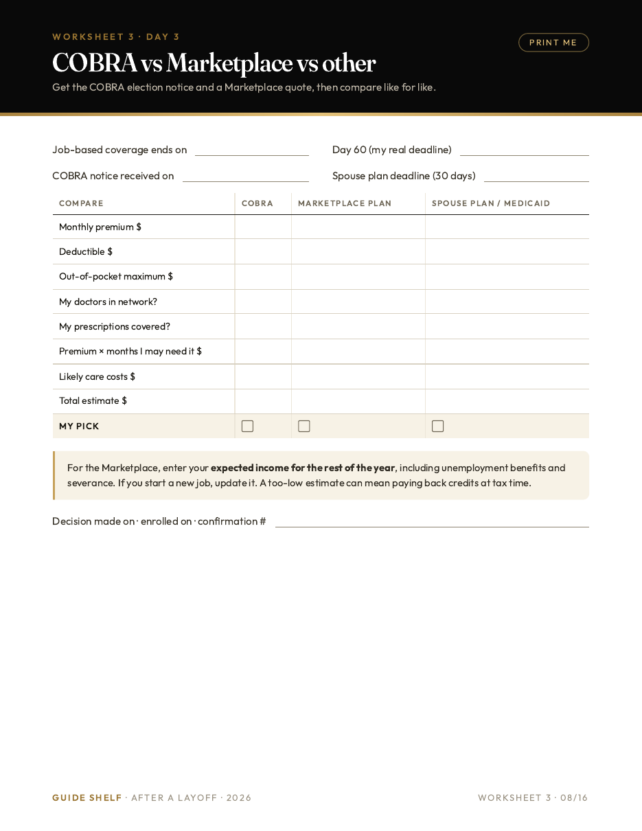 Printable worksheet: compare COBRA, a Marketplace plan, and a spouse plan
