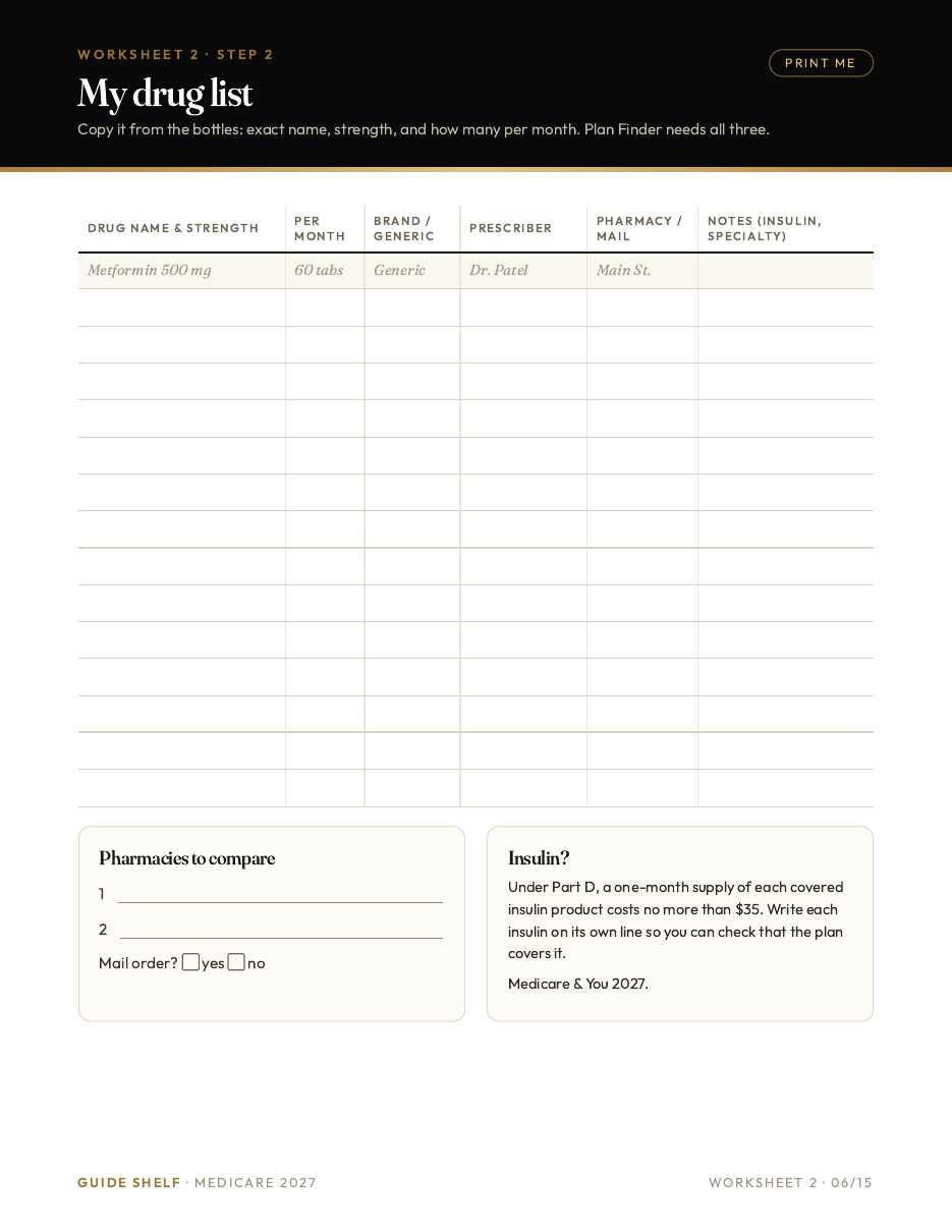 Printable worksheet: my drug list with dose, quantity, and pharmacy