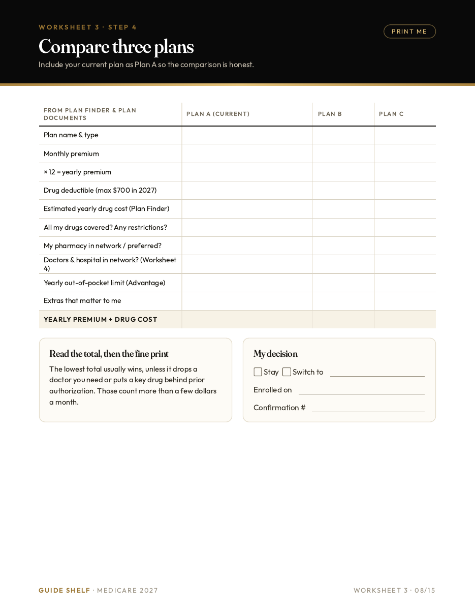 Printable worksheet: compare three Medicare plans side by side
