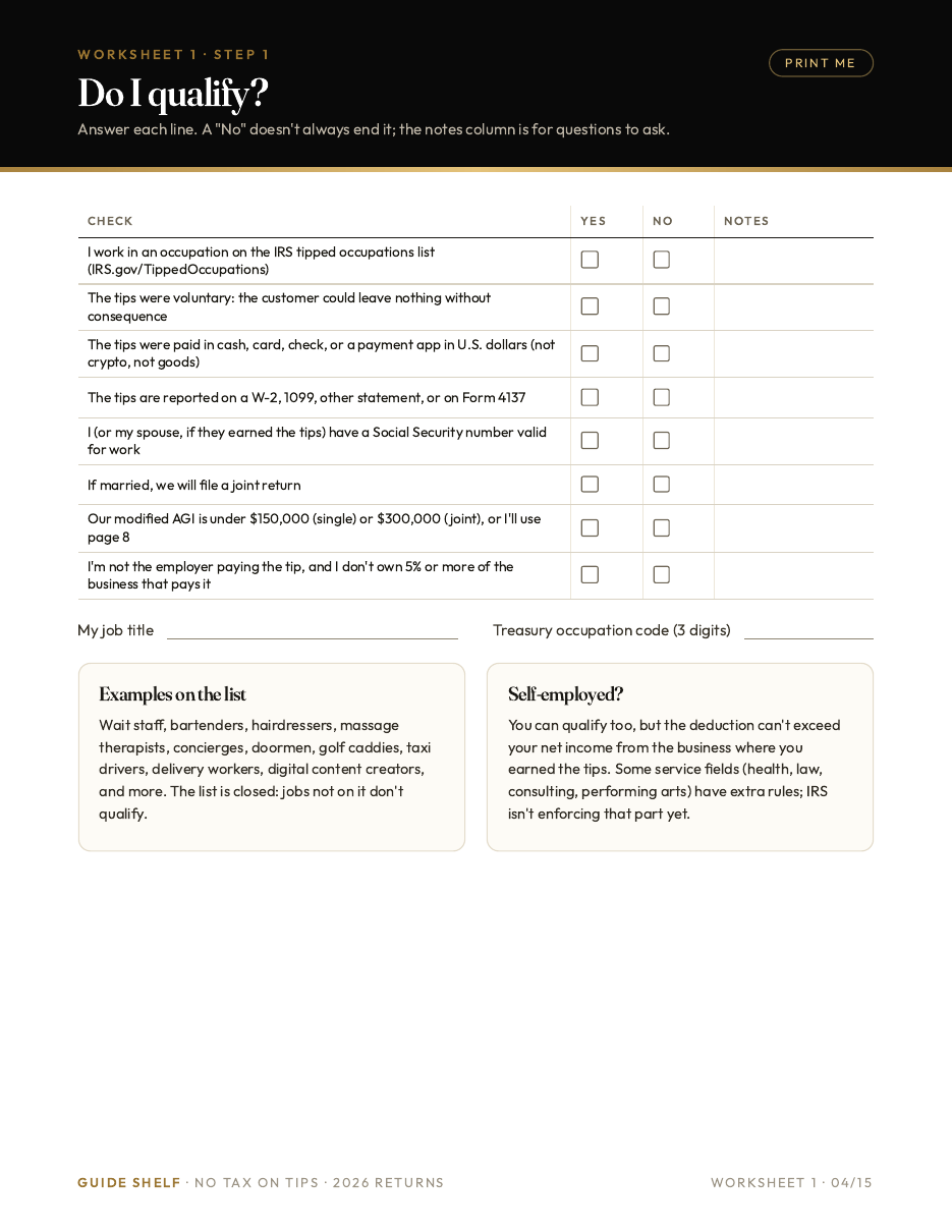 Printable worksheet: eight-question eligibility check for the tip deduction