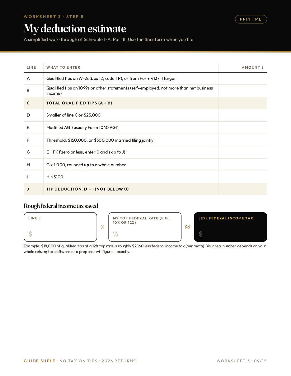 Printable worksheet: simplified Schedule 1-A tip deduction estimate