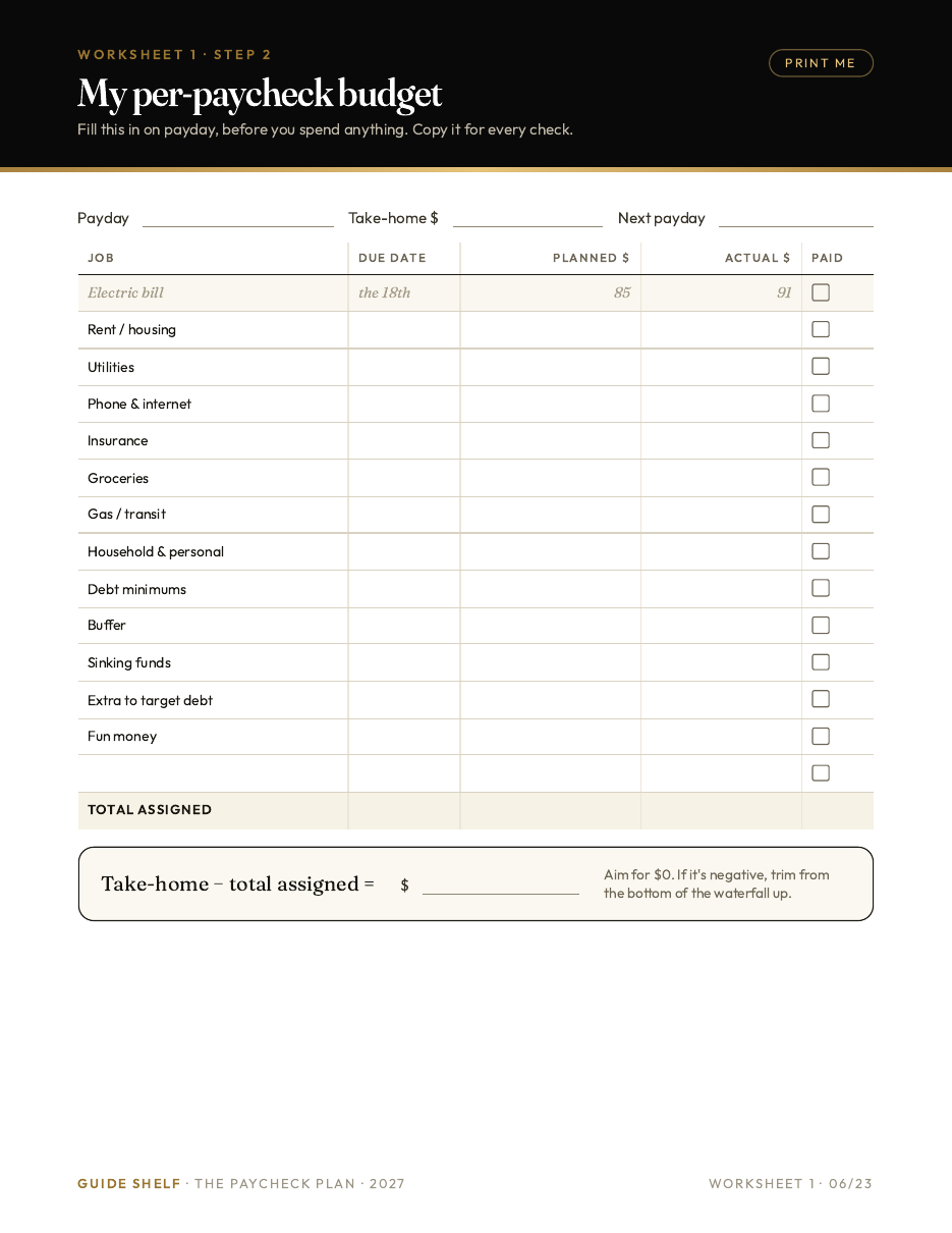 Printable worksheet: per-paycheck budget with due dates, planned and actual amounts