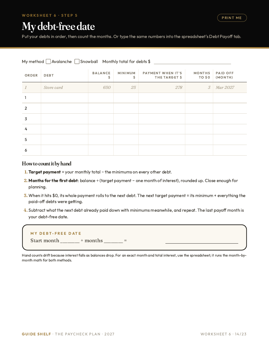 Printable worksheet: debt-free date, with payoff order and months to zero