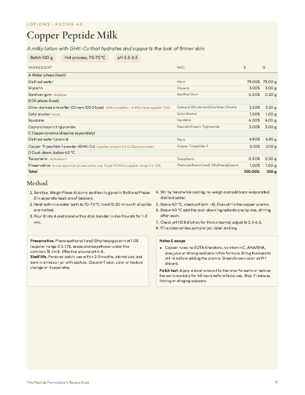 Recipe page from the book: a peptide formula with phases, INCI, percentages and grams