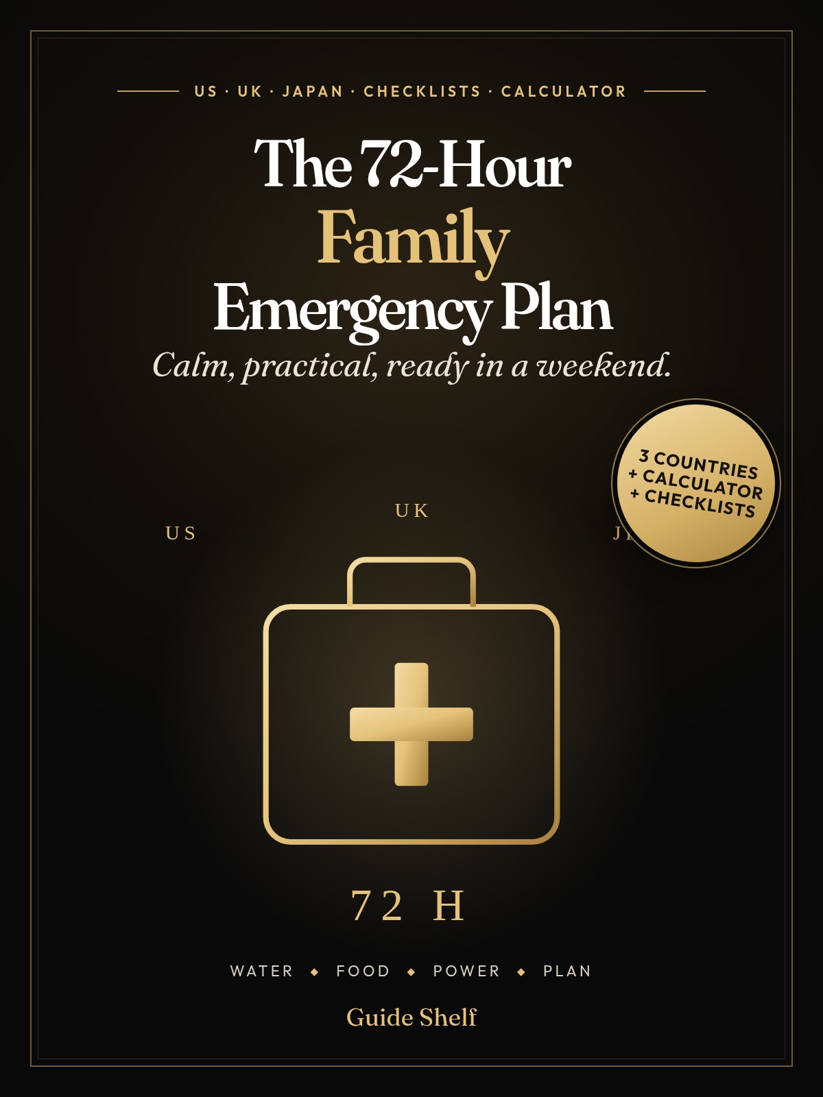 Cover of The 72-Hour Family Emergency Plan: a gold kit box with a cross, labeled US, UK and JP, 72 H