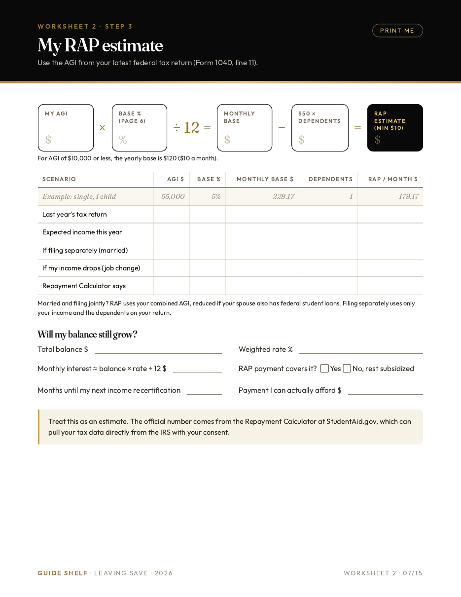 Printable worksheet: estimate your RAP payment from your AGI and dependents