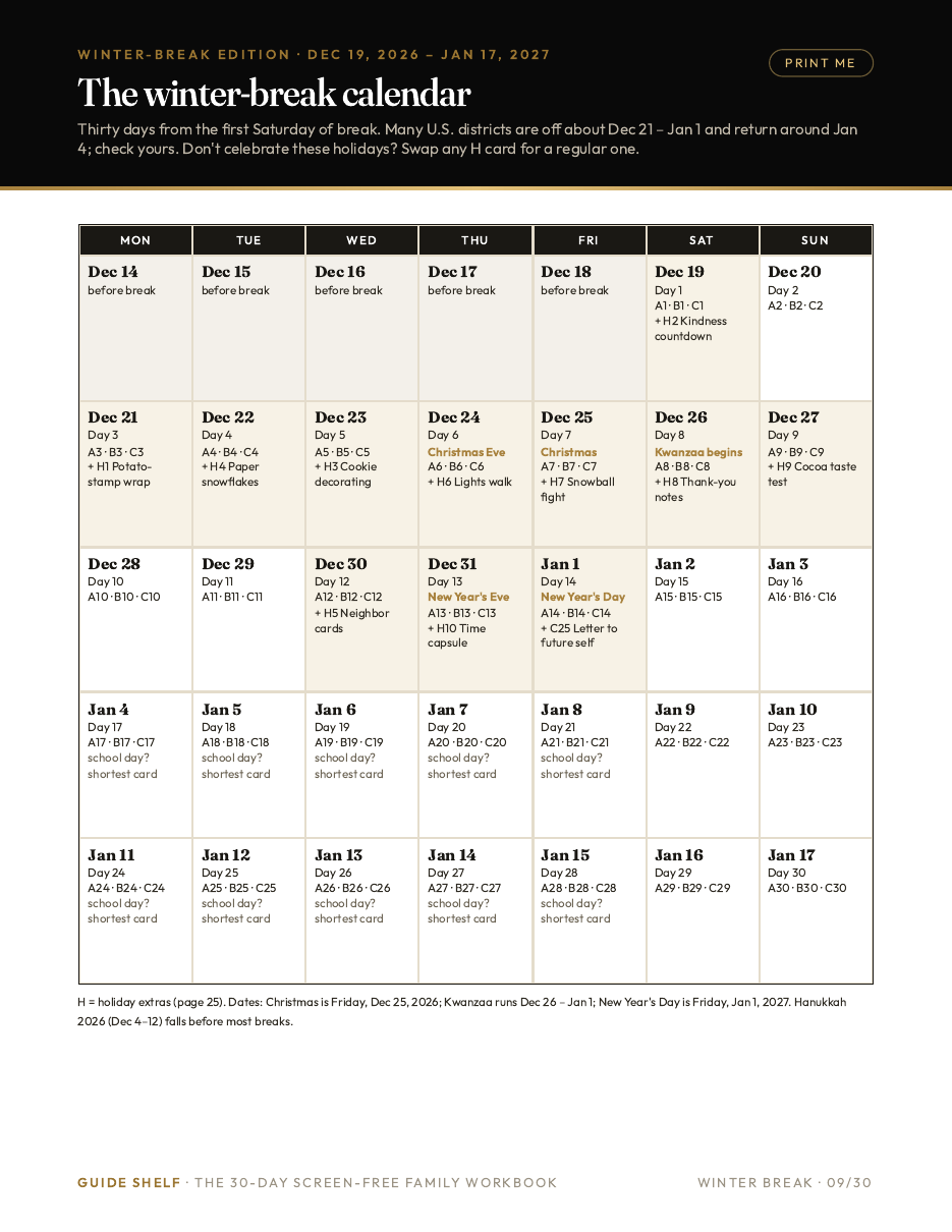 Winter-break calendar dated Dec 19, 2026 – Jan 17, 2027 with holiday extras