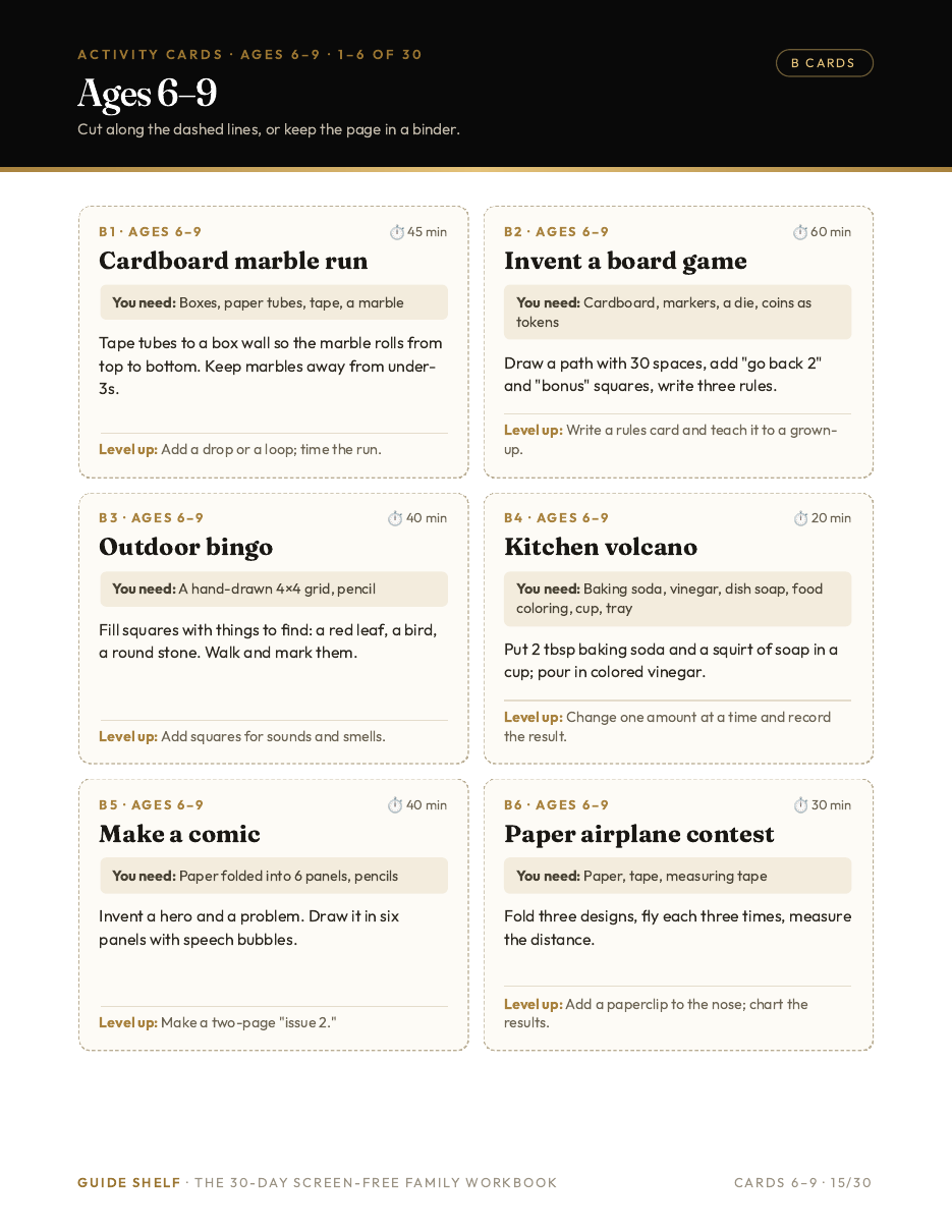 Six printable activity cards for ages 6–9