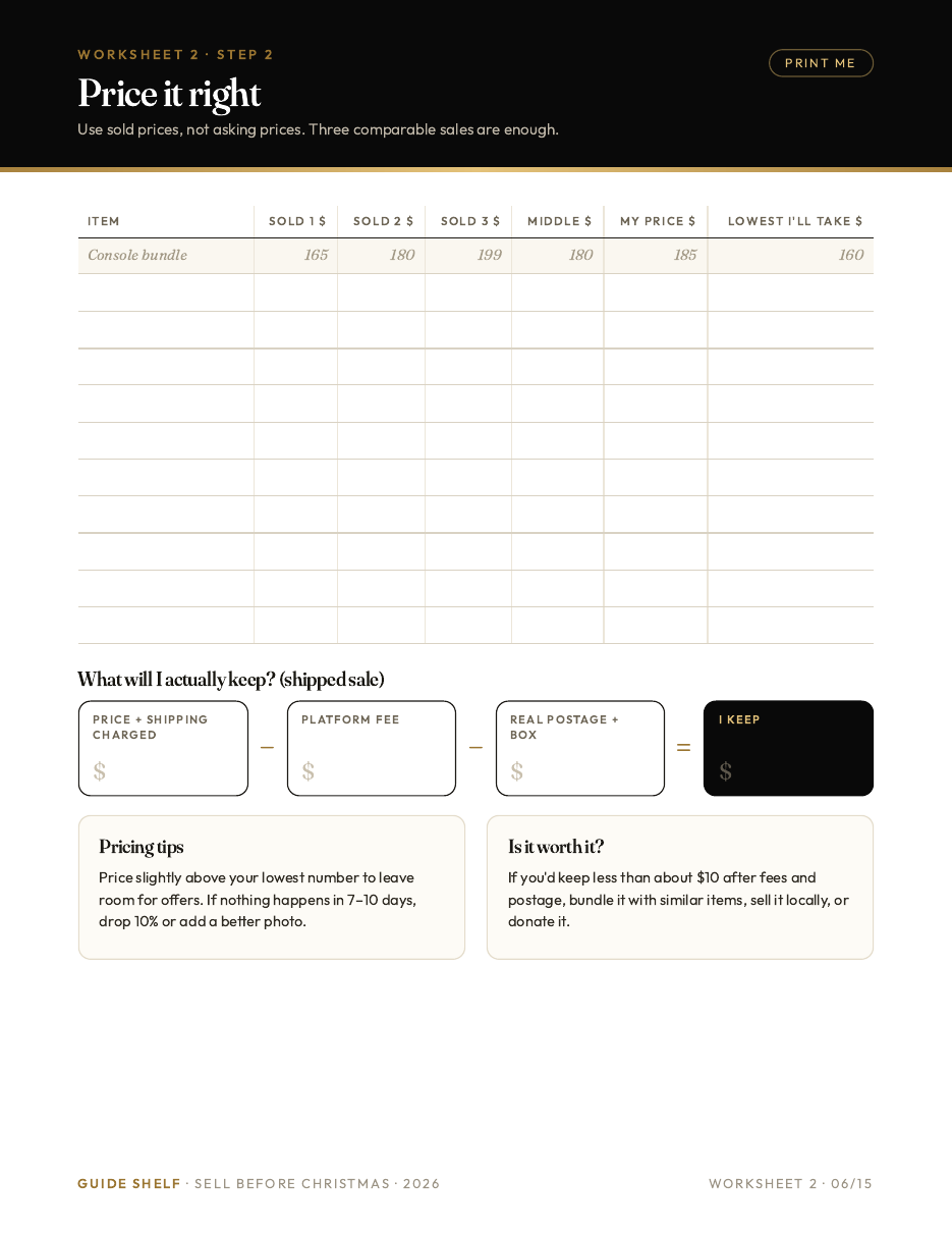 Printable worksheet: price each item from three sold listings