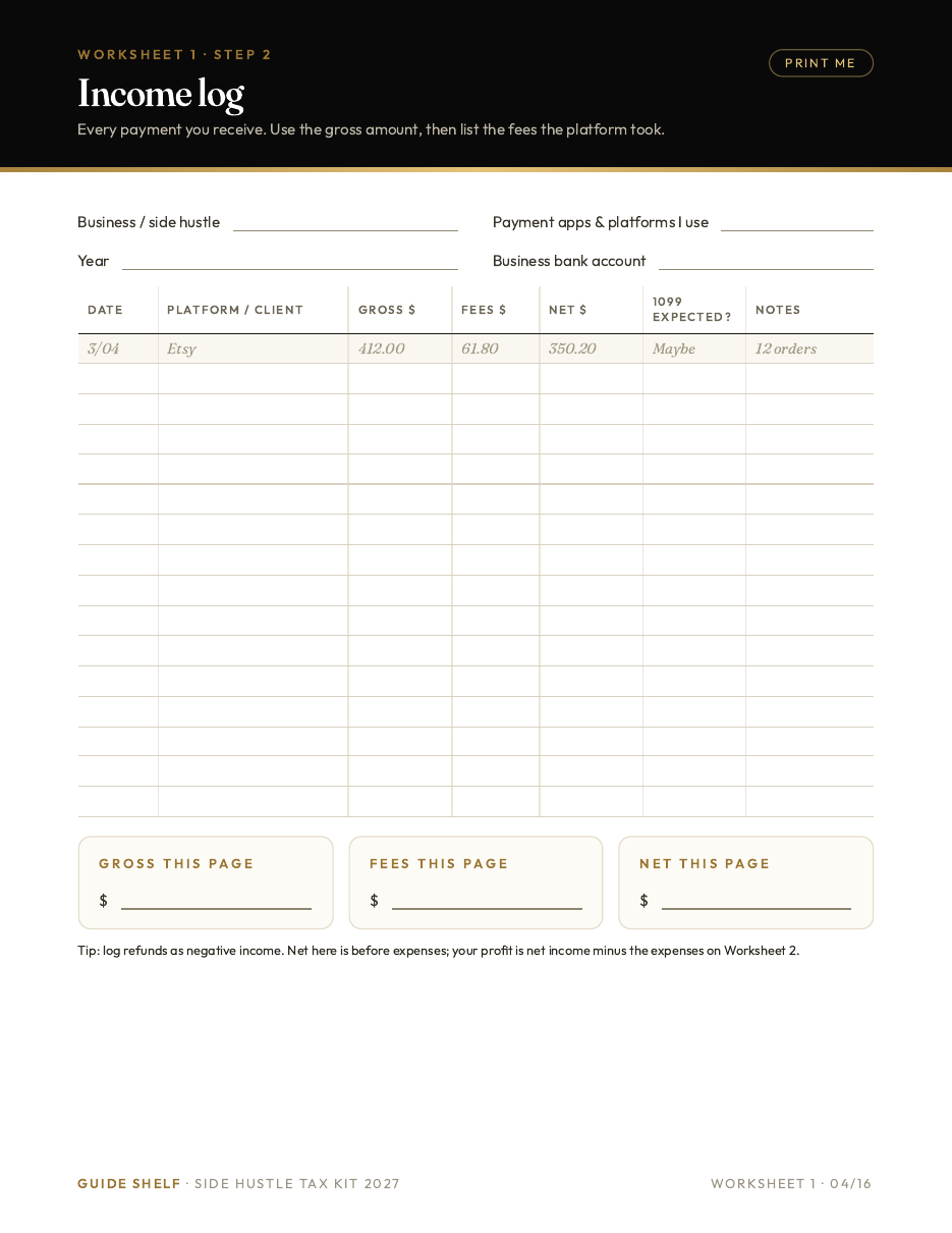Printable worksheet: side hustle income log