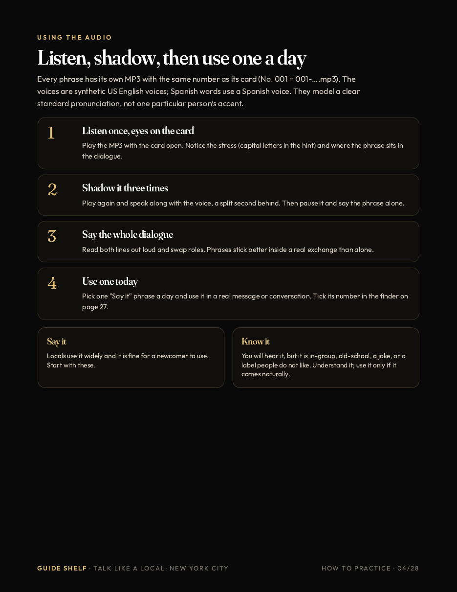 How to practice: listen, shadow, say the dialogue, use one a day; Say it vs Know it key