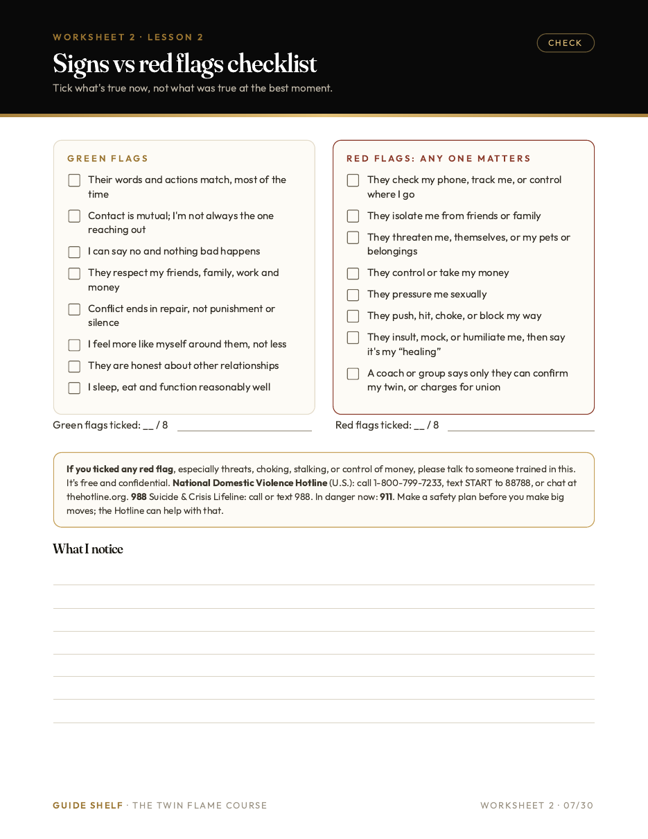 Printable worksheet: green flags vs red flags checklist
