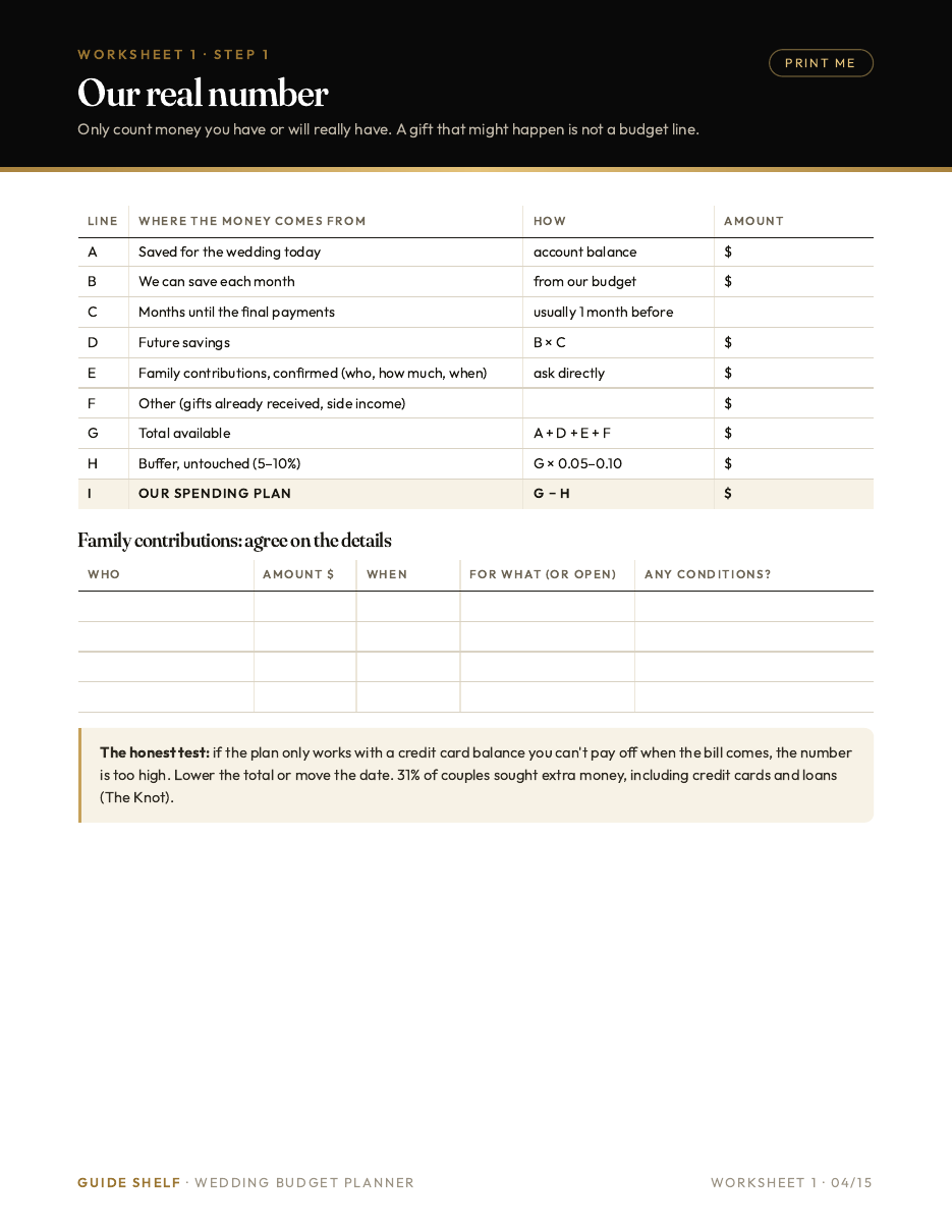 Printable worksheet: our real wedding budget number